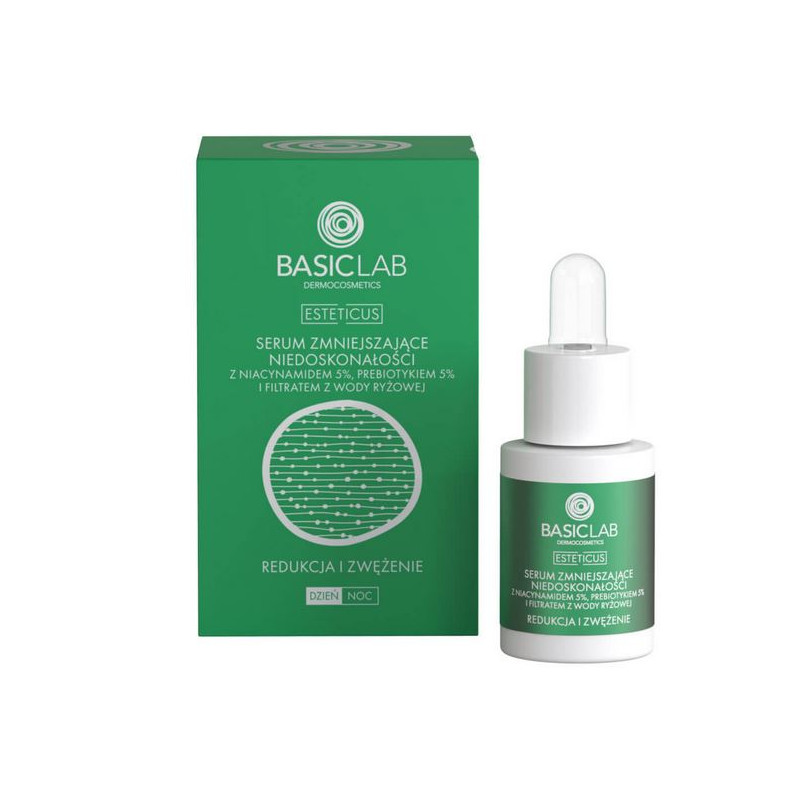 BASICLAB Serum zmniejszające niedoskonałości z 5% Niacynamidem i 5 % Prebiotykiem 30 ml