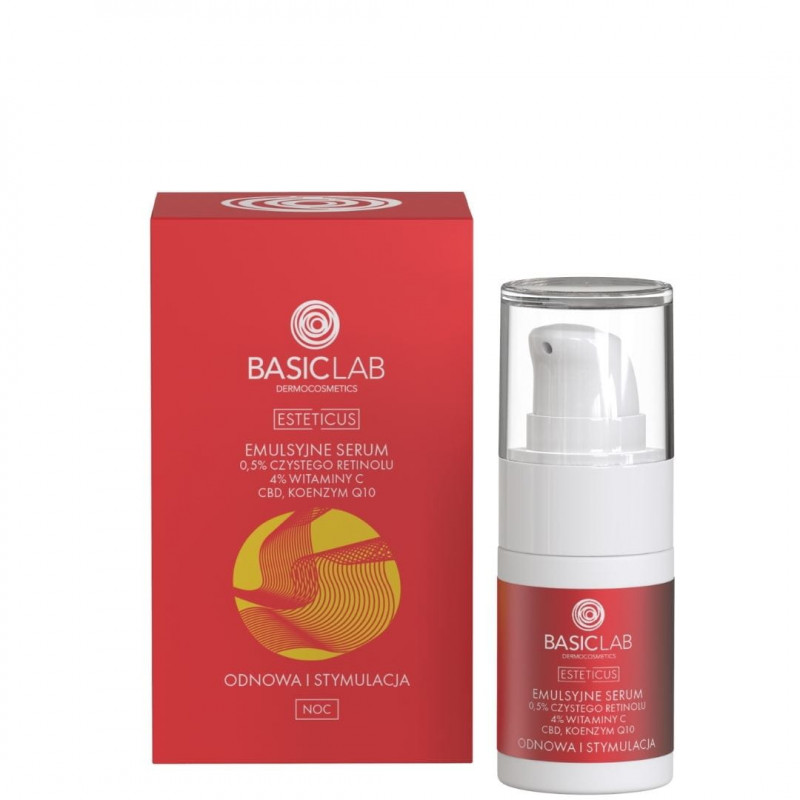 BASICLAB Odnowa i Stymulacja 0,5% retinol , 4% witaminy C , CBD I Koenzym Q10 / 15 ml